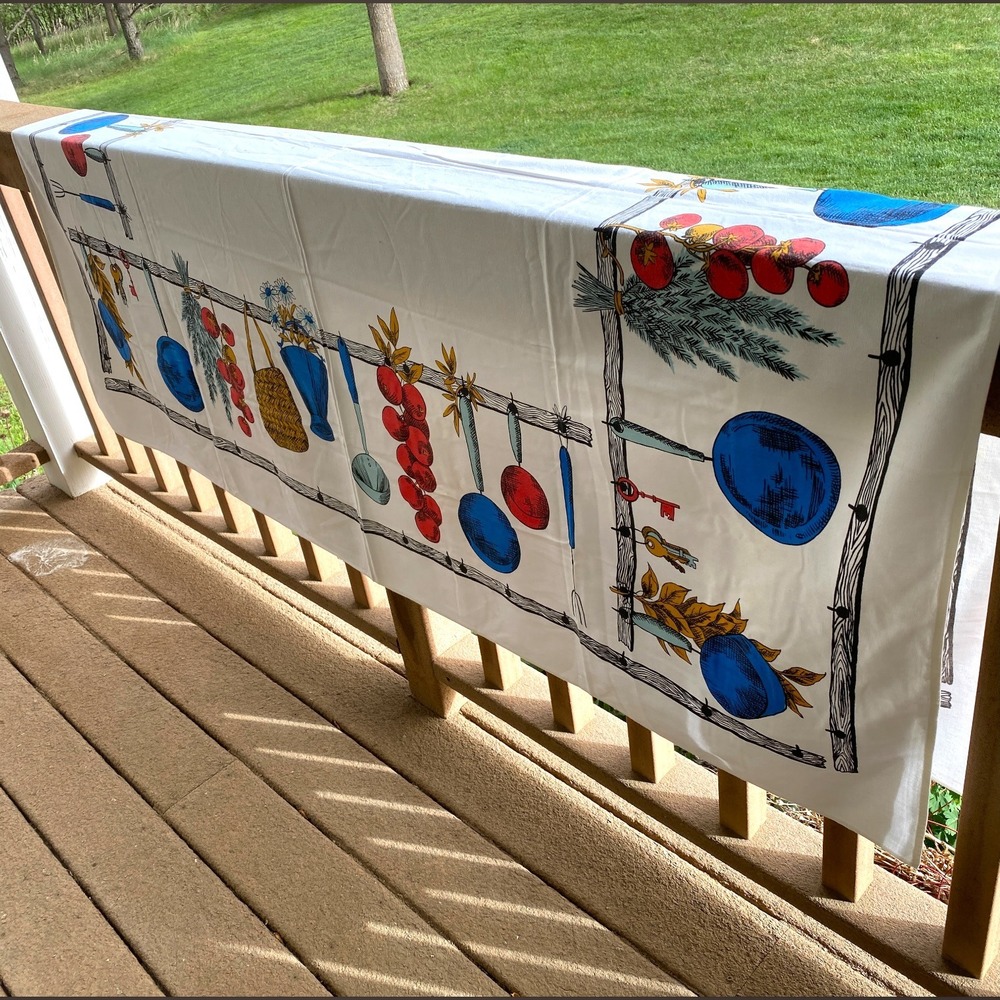 Vintage Kitchen Gadget Tablecloth Red Blue Cotton Wilendur Style Retro 62x52